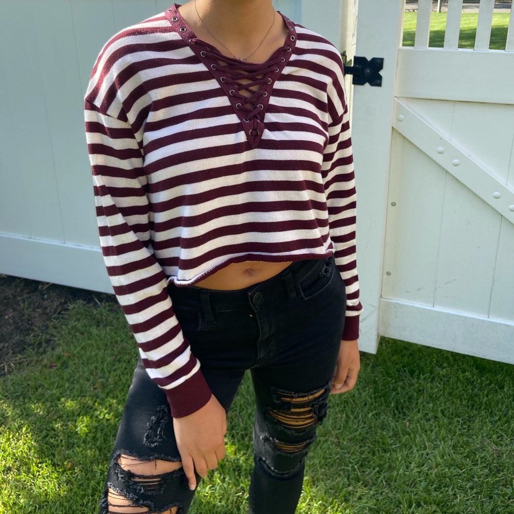 Forever 21 stripped lace up sweater